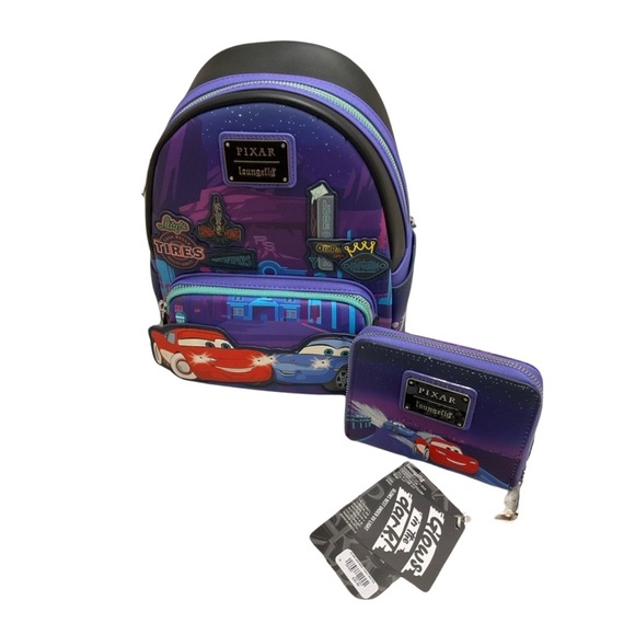 NWT Loungefly Disney Cars Lightning McQueen & Sally Light-Up Backpack & Wallet - Picture 1 of 8